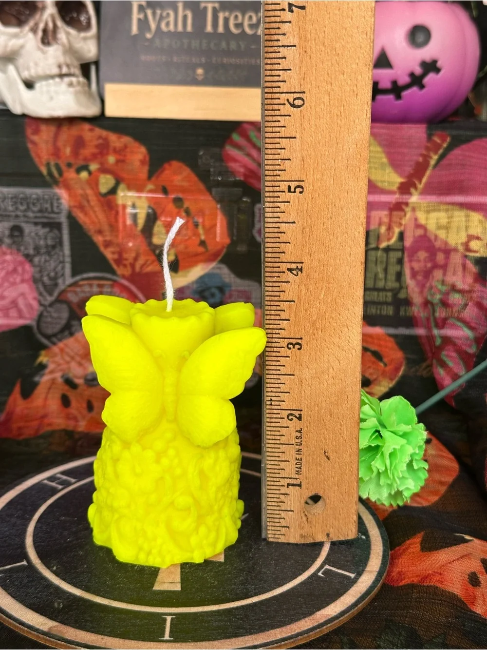 Handmade Neon Yellow Butterfly Candle – Floral Garden Pillar